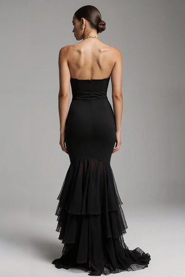 Robe formelle maxi avec volants Black Mermaid Sweetheart Sweep Train